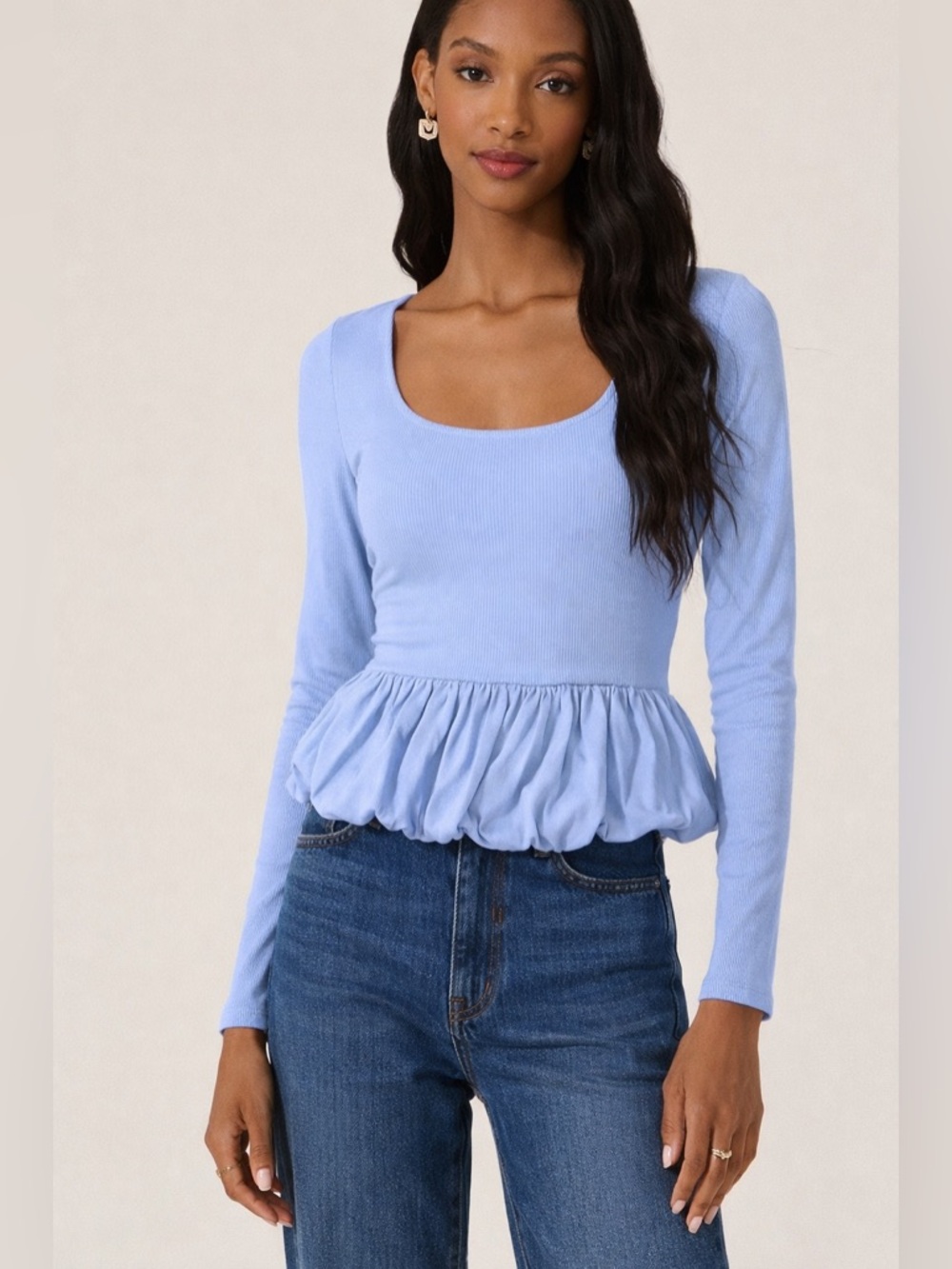 ASTR THE LABEL Light Blue Bubble Peplum Ribbed Long Sleeve Top M
